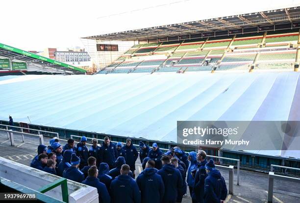 Leicester , United Kingdom - 19 January 2024; Leinster players huddle during a Leinster Rugby captain's run as the pitch is covered with frost covers...