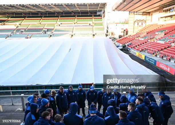 Leicester , United Kingdom - 19 January 2024; Leinster players huddle during a Leinster Rugby captain's run as the pitch is covered with frost covers...