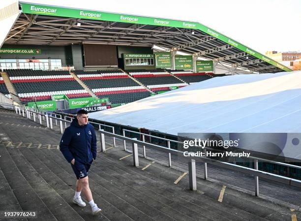 Leicester , United Kingdom - 19 January 2024; Dan Sheehan walks along the terrace as the pitch is covered with frost protection during a Leinster...