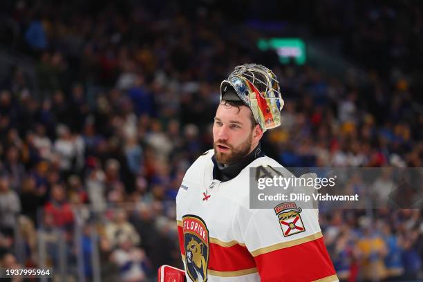 Anthony Stolarz of the Florida Panthers looks on during a break in play against the St. Louis Blues at Enterprise Center on January 9, 2024 in St...