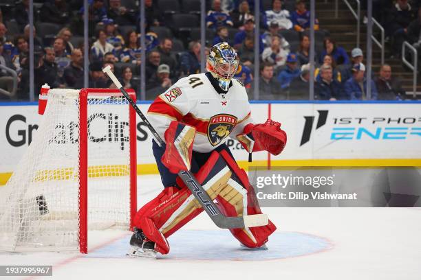 Anthony Stolarz of the Florida Panthers lines up for a face off against the St. Louis Blues at Enterprise Center on January 9, 2024 in St Louis,...