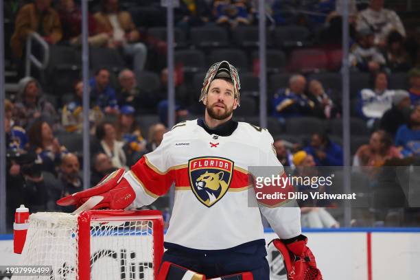 Anthony Stolarz of the Florida Panthers looks on during a break in play against the St. Louis Blues at Enterprise Center on January 9, 2024 in St...