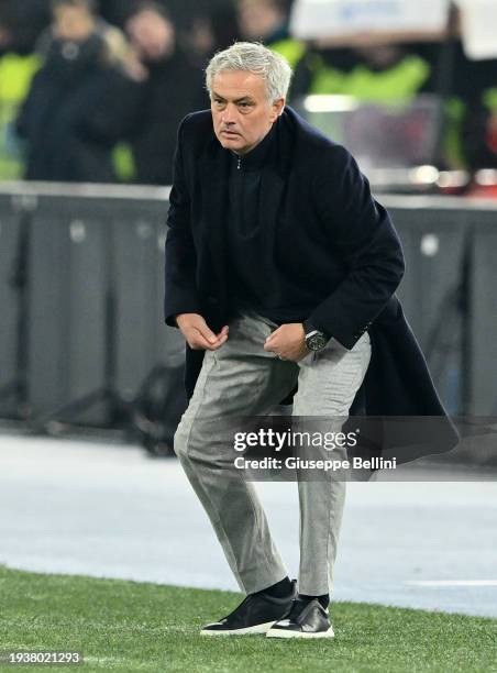 Josè Mourinho head coach of AS Roma looks on during the match between of SS Lazio and AS Roma - Coppa Italia at Stadio Olimpico on January 10, 2024...