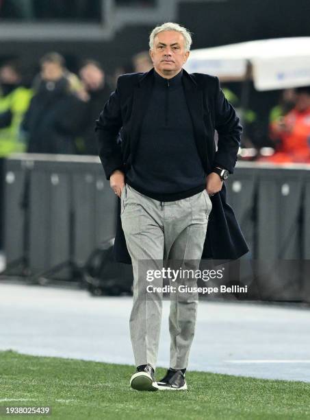 Josè Mourinho head coach of AS Roma looks on during the match between of SS Lazio and AS Roma - Coppa Italia at Stadio Olimpico on January 10, 2024...