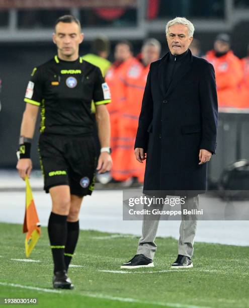 Josè Mourinho head coach of AS Roma looks on during the match between of SS Lazio and AS Roma - Coppa Italia at Stadio Olimpico on January 10, 2024...