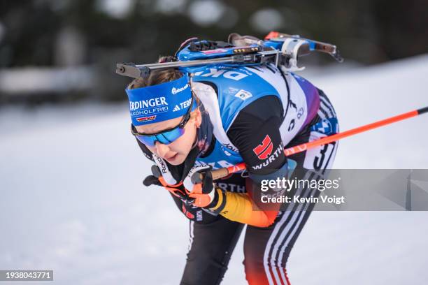 Franziska Preuss of Germany competes during the Women 12.5km Short Individual at the BMW IBU World Cup Biathlon Antholz on January 19, 2024 in...