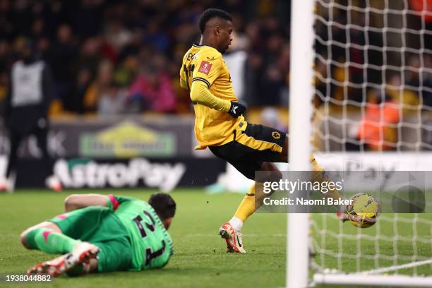 Nelson Semedo of Wolverhampton Wanderers scores his team's first goal during the Emirates FA Cup Third Round Replay match between Wolverhampton...