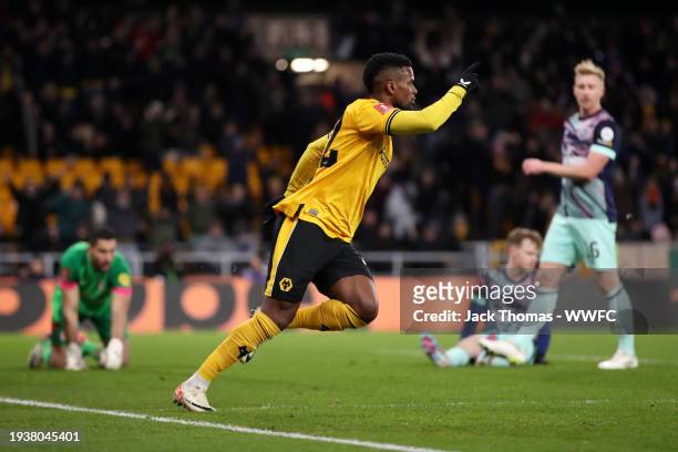 Nelson Semedo of Wolverhampton Wanderers celebrates scoring his team's first goal during the Emirates FA Cup Third Round Replay match between...