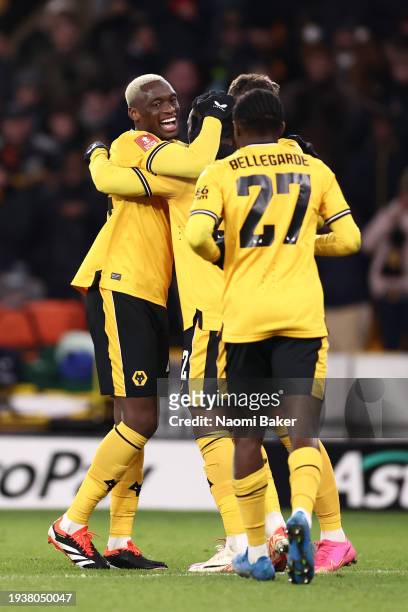 Nelson Semedo of Wolverhampton Wanderers celebrates with teammates after scoring his team's first goal during the Emirates FA Cup Third Round Replay...
