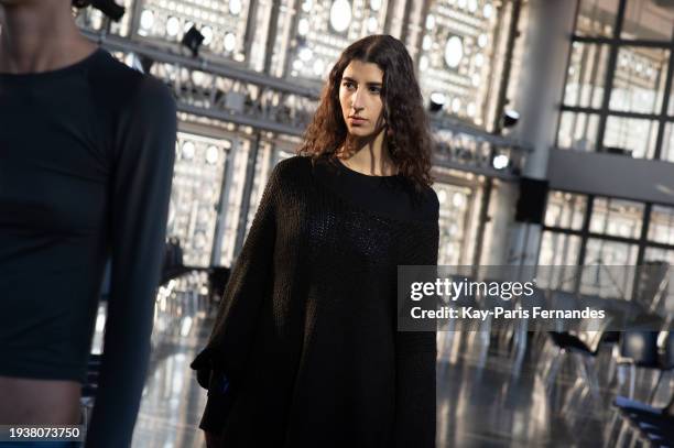 Model Alexandra Stein rehearses prior to the Burc Akyol Menswear Fall/Winter 2024-2025 show as part of Paris Fashion Week on January 16, 2024 in...