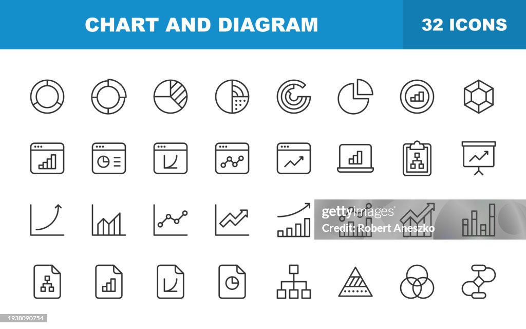 Icone delle linee del grafico e del diagramma. Tratto modificabile. Contiene icone come Big Data, Dashboard, Grafico a barre, Borsa valori, Infografica.