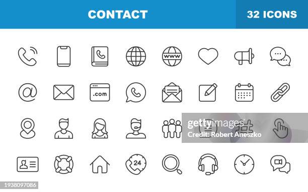 contact us line icons. editable stroke. contains such icons as calendar, chat, e-mail, link, location, meeting, message, office, social media, communication. - adressbuch stock-grafiken, -clipart, -cartoons und -symbole