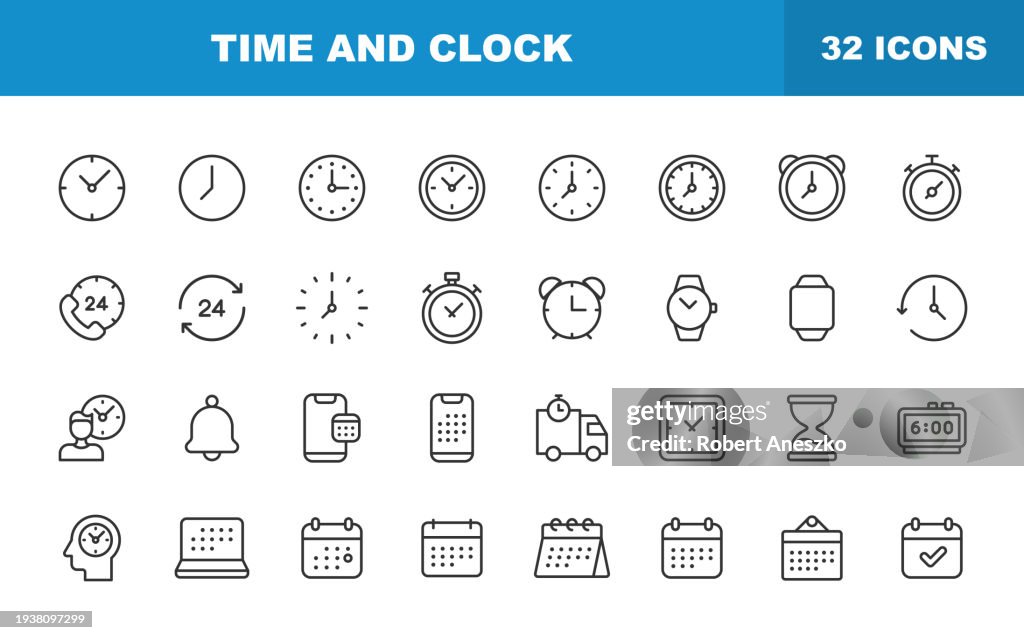 Zeit- und Uhrzeilensymbole. Bearbeitbarer Strich. Enthält Symbole wie 24 Stunden, Wecker, Termin, Glocke, Kalender, Countdown, Datum, Frist, Lieferung.