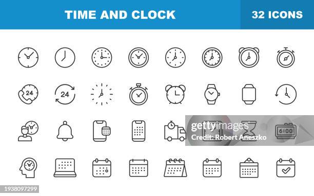 time and clock line icons. editable stroke. contains such icons as 24 hours, alarm clock, appointment, bell, calendar, countdown, date, deadline, delivery. - timer vector phone stock illustrations