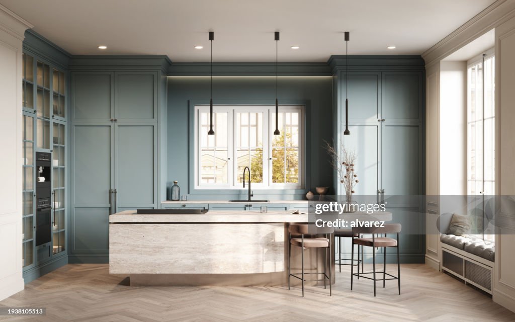 3D rendering of modern kitchen island with high chairs