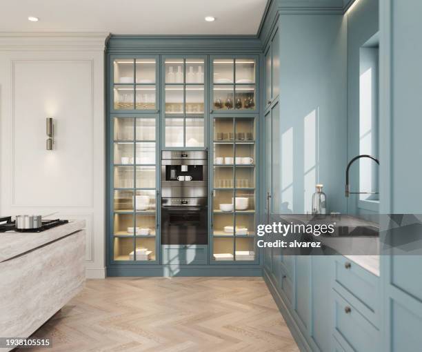 3d rendering of a small kitchen interior - armário imagens e fotografias de stock