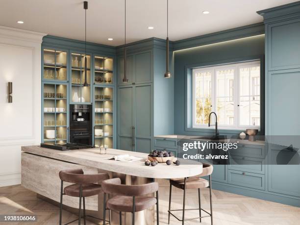 elegant kitchen interior with high chairs at the kitchen counter in 3d render - interieurontwerper stockfoto's en -beelden