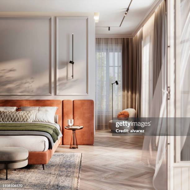 digitally generated domestic bedroom interior - suite de hotel imagens e fotografias de stock