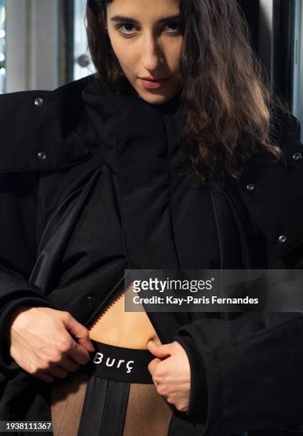 Model Alexandra Stein poses backstage prior to the Burc Akyol Menswear Fall/Winter 2024-2025 show as part of Paris Fashion Week on January 16, 2024...