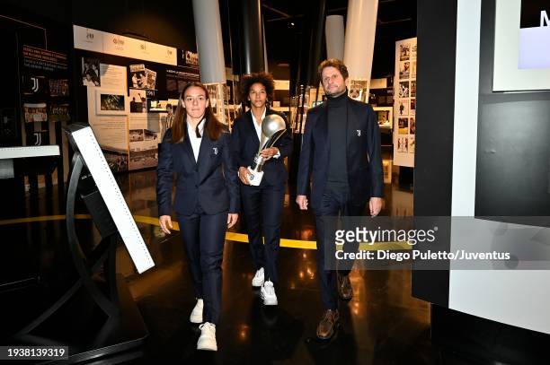 Joe Montemurro the Juventus Women's Coach, Sara Gama, Lisa Boattin, pose with the Italian Supercup at Jmuseum on January 16, 2024 in Turin, Italy.