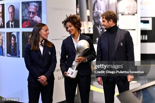 Joe Montemurro the Juventus Women's Coach, Sara Gama, Lisa Boattin, pose with the Italian Supercup at Jmuseum on January 16, 2024 in Turin, Italy.