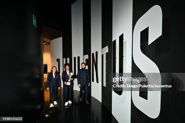 Joe Montemurro the Juventus Women's Coach, Sara Gama, Lisa Boattin, pose with the Italian Supercup at Jmuseum on January 16, 2024 in Turin, Italy.