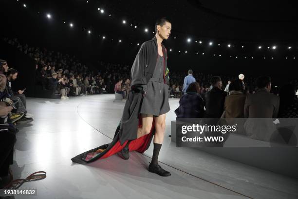 Model on the runway at Dior Men's Fall 2024 as part of Paris Men's Fashion Week held at École Militaire on January 19, 2024 in Paris, France.