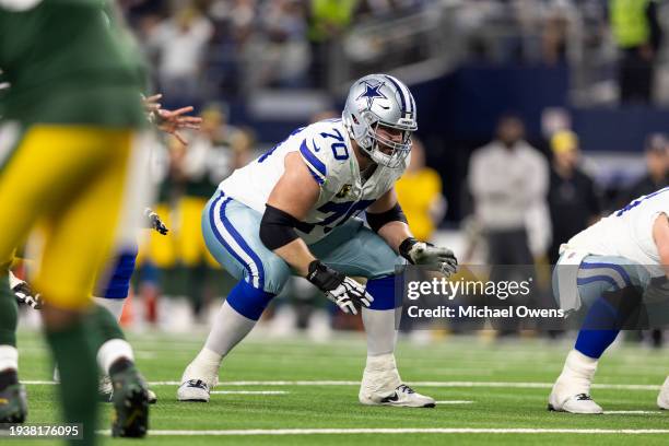 Zack Martin of the Dallas Cowboys lines up during an NFL wild-card playoff football game between the Dallas Cowboys and the Green Bay Packers at AT&T...
