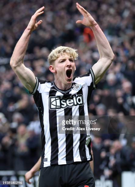 Anthony Gordon of Newcastle United celebrates scoring his team's second goal during the Premier League match between Newcastle United and Manchester...