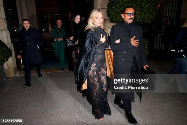 Kate Moss and Haider Ackermann are seen leaving the Ritz Hotel to celebrate her 50th birthday on January 16, 2024 in Paris, France.