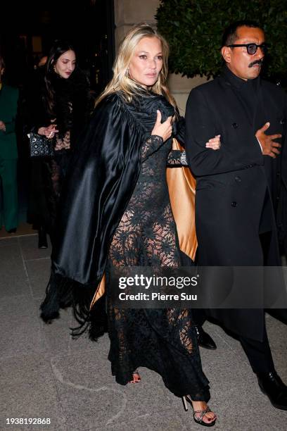 Kate Moss and Haider Ackermann are seen leaving the Ritz Hotel to celebrate her 50th birthday on January 16, 2024 in Paris, France.