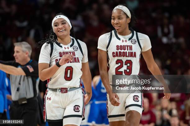 Te-Hina Paopao of the South Carolina Gamecocks and Bree Hall react during the game against the Kentucky Wildcats at Colonial Life Arena on January...