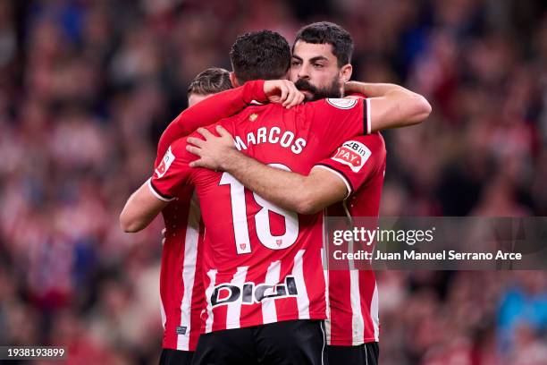 Asier Villalibre of Athletic Club celebrates with his teammates Iker Muniain and Oscar de Marcos of Athletic Club after scoring the team's second...