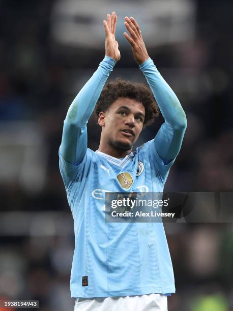 Oscar Bobb of Manchester City celebrates after the Premier League match between Newcastle United and Manchester City at St. James Park on January 13,...