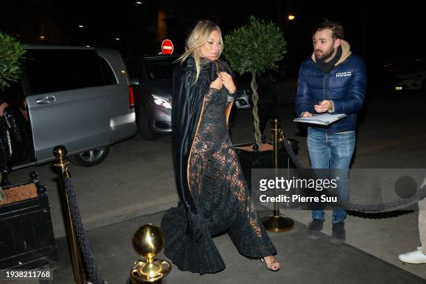 Kate Moss arrives at "Laurent" Restaurant to celebrate her 50th Birthday on January 16, 2024 in Paris, France.