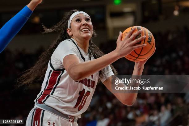 Kamilla Cardoso of the South Carolina Gamecocks drives to the basket against the Kentucky Wildcats during the game at Colonial Life Arena on January...