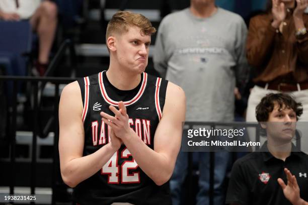David Skogman of the Davidson Wildcats looks on before a college basketball game against the George Washington Colonials at the Smith Center on...