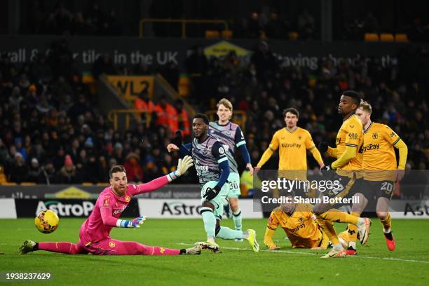 Nelson Semedo of Wolverhampton Wanderers misses a chance during the Emirates FA Cup Third Round Replay match between Wolverhampton Wanderers and...