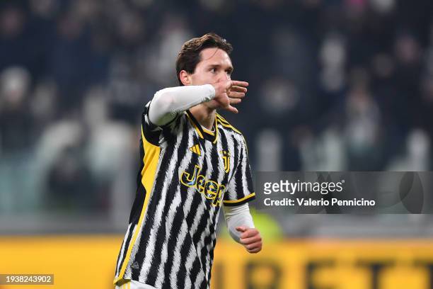 Federico Chiesa of Juventus celebrates scoring his team's third goal during the Serie A TIM match between Juventus and US Sassuolo - Serie A TIM at...