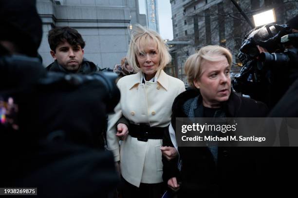 Jean Carroll leaves after the first day of her defamation trial against former President Donald Trump at New York Federal Court on January 16, 2024...
