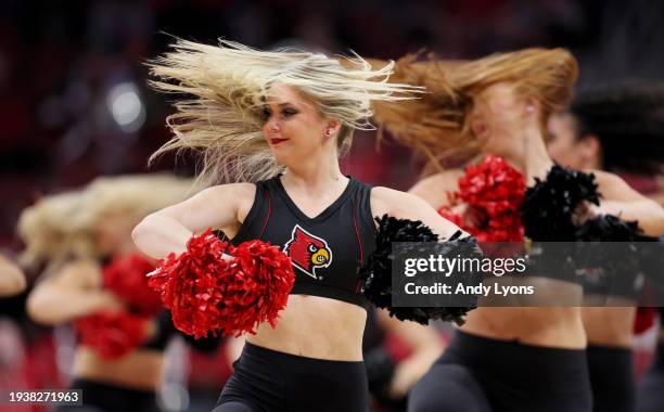 Louisville Cardinals cheerleaders perform during the game against the NC State Wolfpack at KFC YUM! Center on January 13, 2024 in Louisville,...