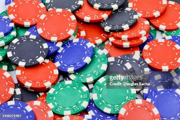 game used clay chips for poker and casino games - world series of poker stock pictures, royalty-free photos & images
