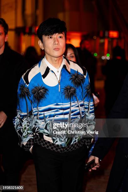 Lin is seen outside Louis Vuitton during the Menswear Fall/Winter 2024/2025 as part of Paris Fashion Week on January 16, 2024 in Paris, France.