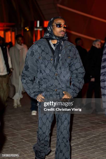 Quavo is seen wearing grey jacket, pants outside Louis Vuitton during the Menswear Fall/Winter 2024/2025 as part of Paris Fashion Week on January 16,...