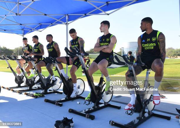 Kai Havertz, Ben White, Gabriel Jesus, Jakub Kiwior, Gabriel Martinelli and Reiss Nelson of Arsenal during a training session at NAS Sports Complex...