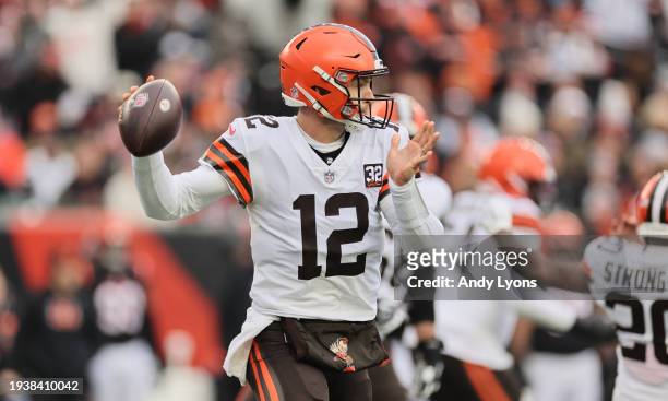 Jeff Driskel of the Cleveland Browns runs passes the ball in the game against the Cincinnati Bengals at Paycor Stadium on January 07, 2024 in...