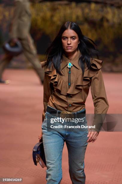 Model walks the runway during the Louis Vuitton Menswear Fall/Winter 2024-2025 show as part of Paris Fashion Week on January 16, 2024 in Paris,...