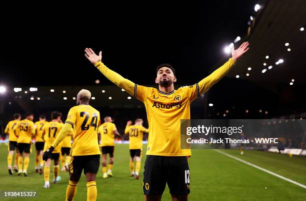 Matheus Cunha of Wolverhampton Wanderers celebrates after scoring his team's third goal during the Emirates FA Cup Third Round Replay match between...