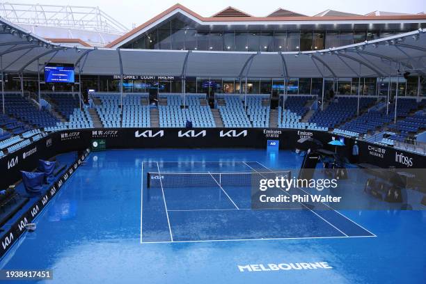 General view of Court 3 as the rain falls on day four of the 2024 Australian Open at Melbourne Park on January 17, 2024 in Melbourne, Australia.