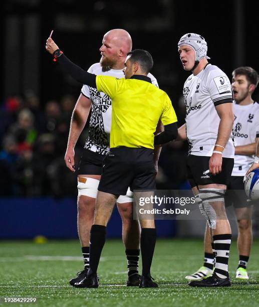 Galway , Ireland - 19 January 2024; Referee Pierre Brousset shows a red card to Josh Caulfield of Bristol Bears, left, during the Investec Champions...